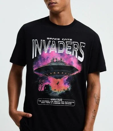 Remera Regular en Algodón con Estampado Space Cats Invaders 3