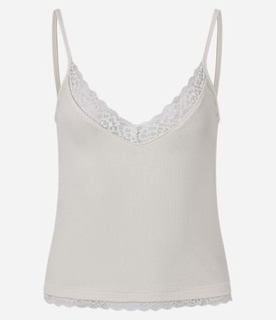 Blusa en Rib con Breteles Finos y Encaje en el Escote 1