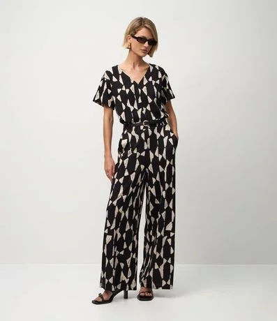 Pantalón Wide Leg en Piquet con Estampa Abstracta