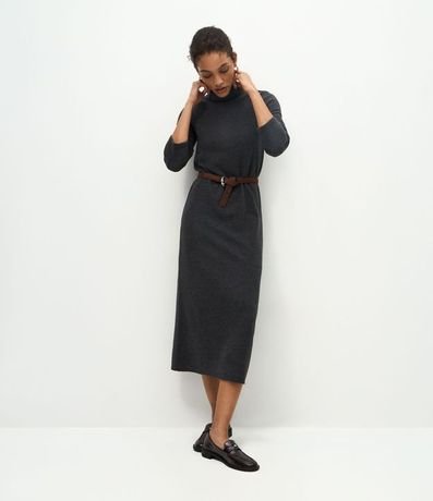 Vestido Long Midi con Cuello Alto y Mangas Largas