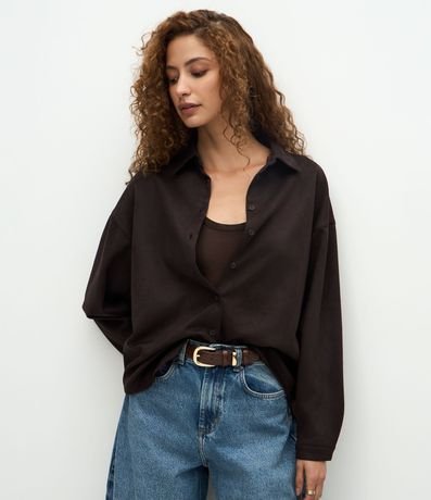 Camisa Oversized en Gamuza con Mangas Largas