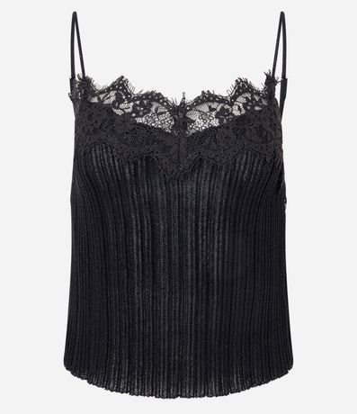 Blusa Bretel Fino en Punto con Aplicación de Encaje 4