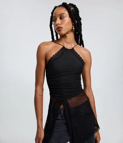 Blusa Halter en Tule con Encaje Aplicada