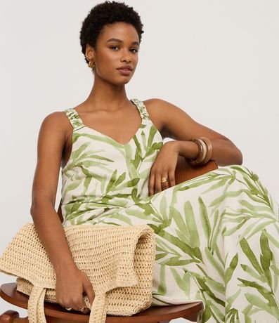 Pollera Midi en Viscolino con Estampado Follaje y Cintura Elástica