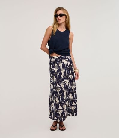 Pollera Midi en Viscolino con Estampado Náutica y Cintura Elástica