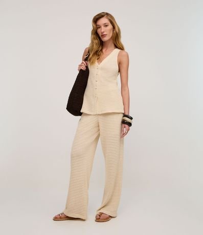 Pantalón Recto en Punto de Malla Texturizada con Punto Diferenciado