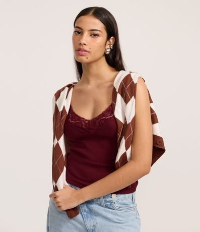 Blusa Musculosa con Breteles Finos y Encaje en el Escote