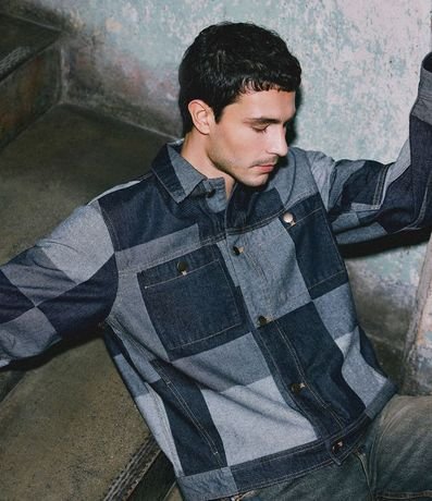 Campera en Jacquard Cuadriculado Patchwork con Bolsillos Delanteros