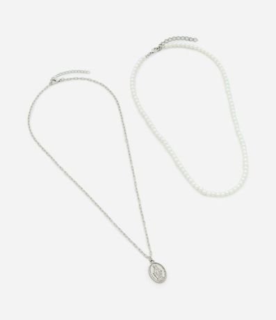 Kit con 02 Collares Cadena con Medalla Ave Maria y Collar de Perlas 4