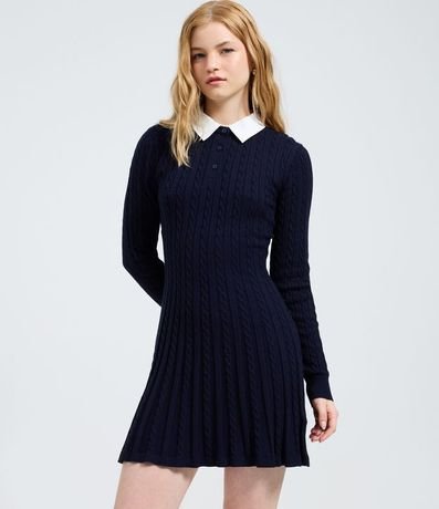 Vestido Manga Larga en Punto con Textura y Cuello Polo 2