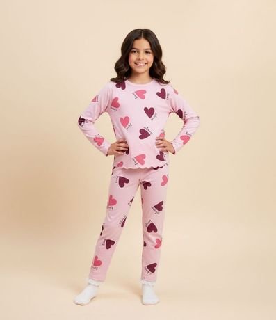 Pijama Infantil Largo en Rib acanalada con Estampado de Corazones – Talle 5 a 14 años