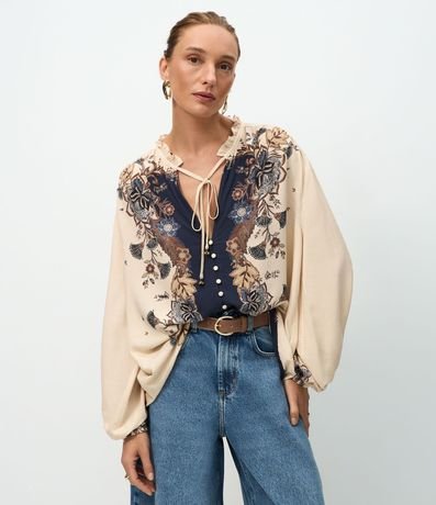 Blusa Bata con Mangas Abullonadas y Estampa Floral Paisley