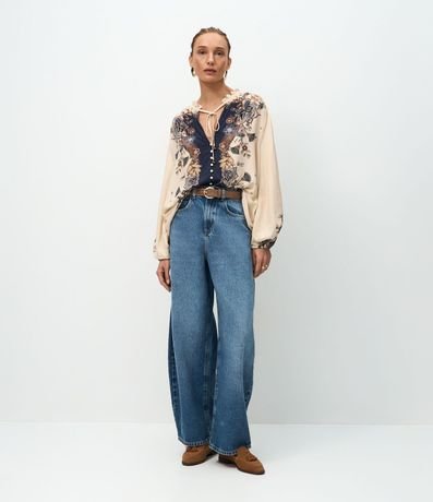 Blusa Bata con Mangas Abullonadas y Estampa Floral Paisley 2