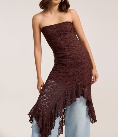 Vestido sin Breteles en Encaje con Volado Asimétrico 3