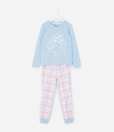 Pijama Infantil Largo Estampa de cuadros y Stitch - Talle 5 a 14 años