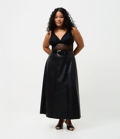 Falda Midi en PU Lisa Modelo Evasê Curve & Plus Size