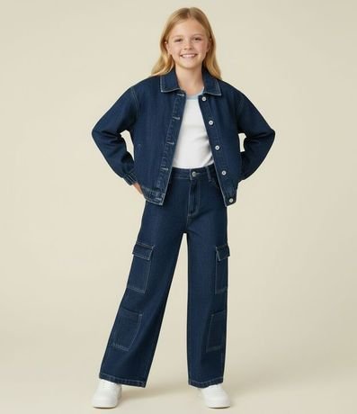 Pantalón Infantil Wide Leg en Jeans con Bolsillos Cargo – Talle 5 a 14 años