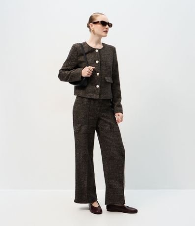 Pantalón Recto Estruturado con Estampa de Cuadros