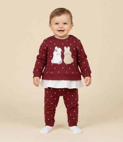 Conjunto Infantil con Conejitos Aplicados y Pantalón de Lunares – Talle 0 a 18 Meses