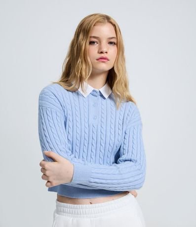 Buzo Cropped en Punto con Cuello Polo Contrastante