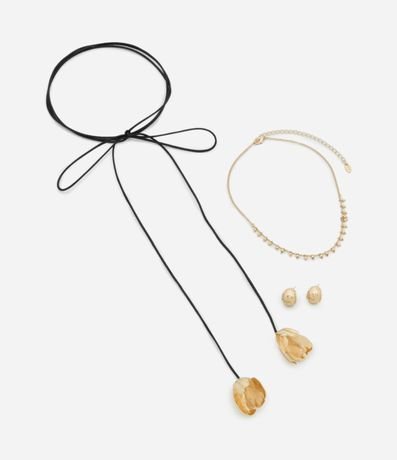 Conjunto de Collar Largo y Caravana con Flor Texturizada 2