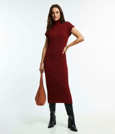 Vestido Midi en Punto con Cuello Alto y Manga Corta sin Sisa