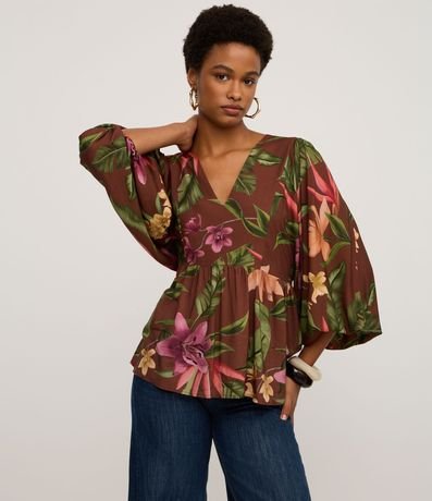Blusa en Viscosa con Escote V y Estampado Floral