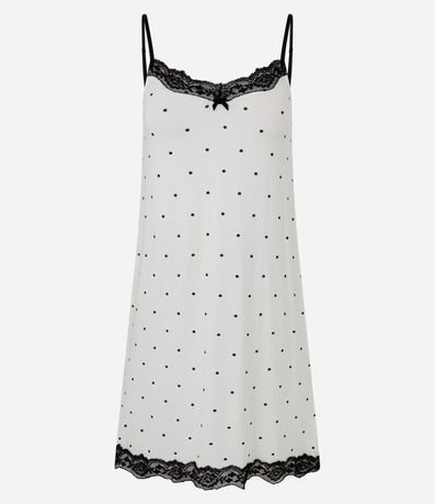 Camisón de Bretel Fino con Estampado de Lunares y Encaje Aplicada