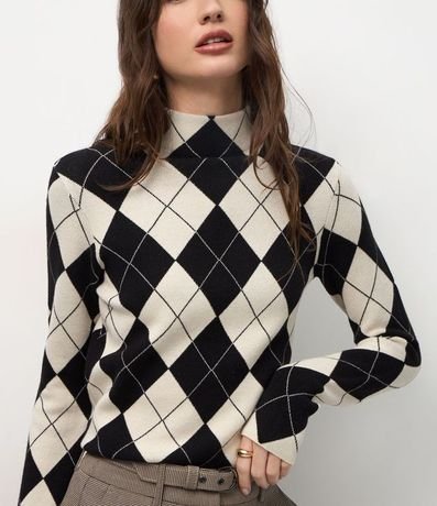 Blusa en Punto con Estampa de Cuadros y Cuello Alto 4