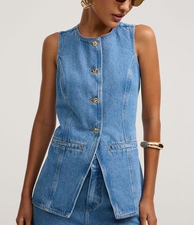 Chaleco Alargado en Jeans Cinturado con Botones 4