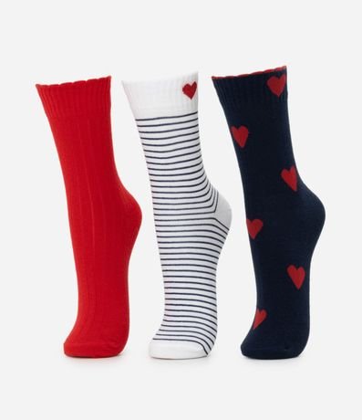 Kit 03 Medias Caña Larga en Algodón con Estampado Corazones y Rayas