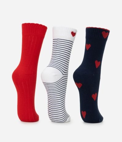 Kit 03 Medias Caña Larga en Algodón con Estampado Corazones y Rayas 3