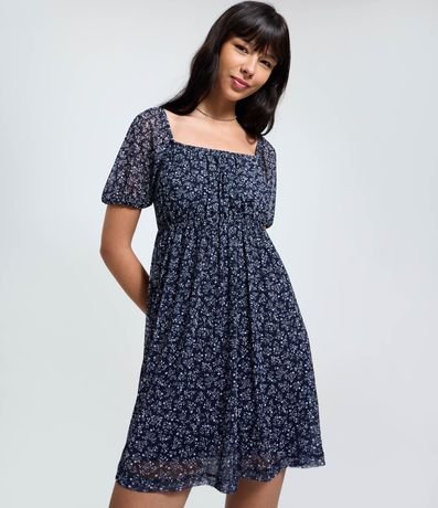 Vestido Corto Evasê en Tule Floral con Mangas Abullonadas 2