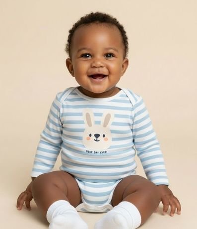 Body Infantil Manga Larga Rayada con Estampa de Conejito – Talle 0 a 18 Meses 1