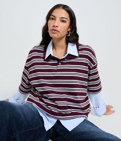 Remera en Malla con Cuello Polo y Estampa de Rayas 3