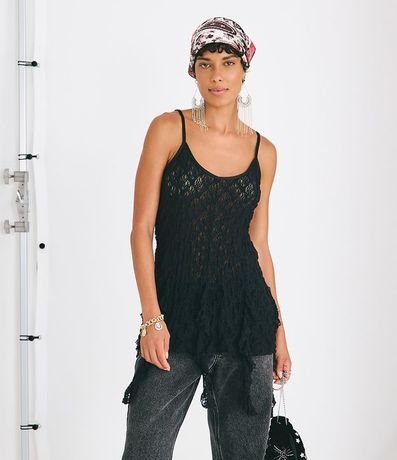 Blusa Rendada con Breteles Finos y Puntas Asimétricas