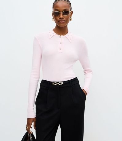 Blusa Polo en Tricot con Aplicación de Brillos en el Cuello
