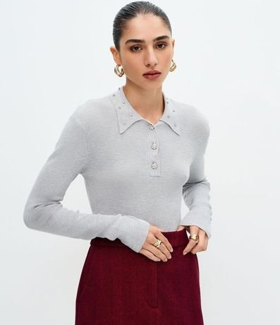 Blusa Polo en Tricot con Aplicación de Brillos en el Cuello