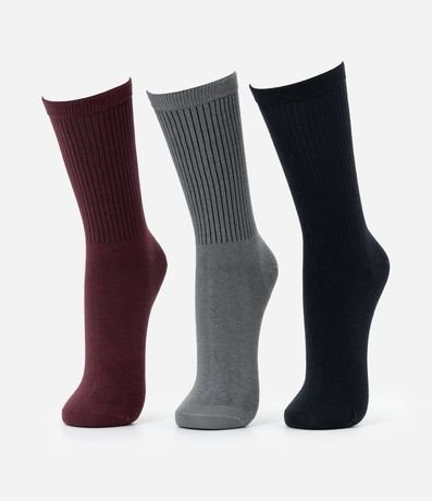 Kit 03 Medias Caneladas Básicas Caña Larga