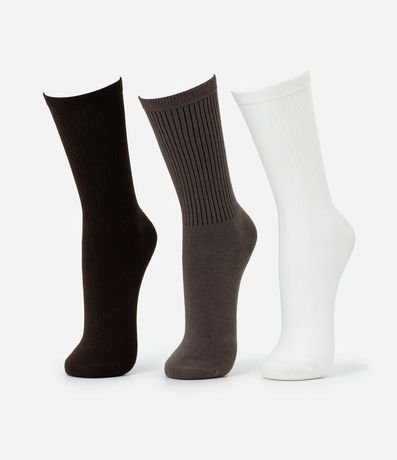 Kit 03 Medias Caneladas Básicas Caña Larga