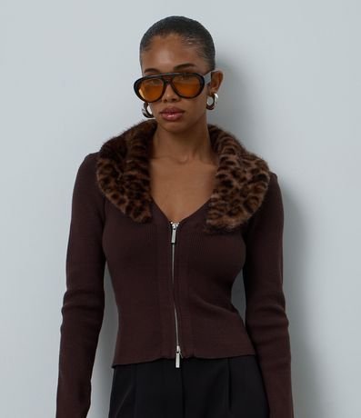 Cardigan en Punto con Cuello Animal Print Desmontable y Cremallera