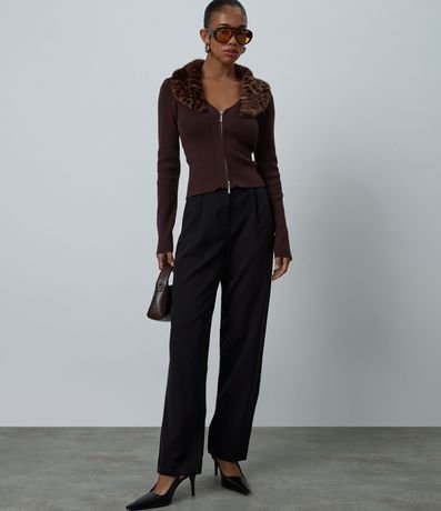 Cardigan en Punto con Cuello Animal Print Desmontable y Cremallera 2