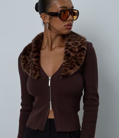 Cardigan en Punto con Cuello Animal Print Desmontable y Cremallera 3