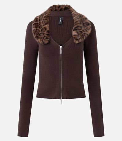 Cardigan en Punto con Cuello Animal Print Desmontable y Cremallera 5