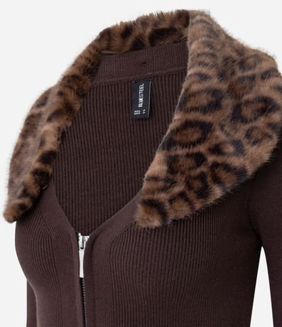 Cardigan en Punto con Cuello Animal Print Desmontable y Cremallera 6