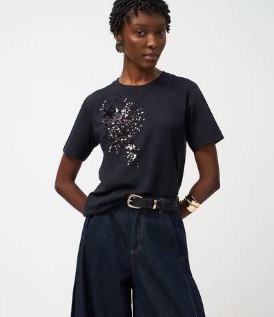 Remera Manga Corta en Algodón con Lentejuela Bordada