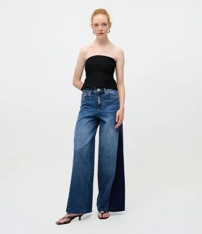 Pantalón Wide Leg en Jeans con Recorte Lateral y Cintura Mediana