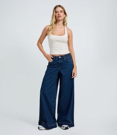 Pantalón Super Wide en Jeans con Cintura Mediana y Ruedo Deshilachado