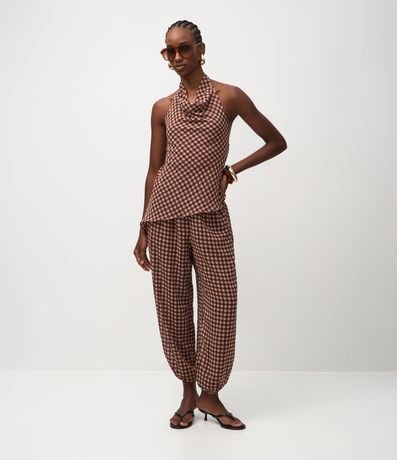 Pantalón Aladino en Chiffon con Estampa Escocesa