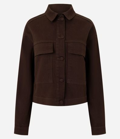 Campera en Sarga Acanalada con Cuello Padre y Bolsillos Delanteros